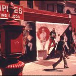 Original caption: "Sports Heroes Are the Motifs in These Wall Paintings on Nostrand Avenue in Brooklyn. 07/74"